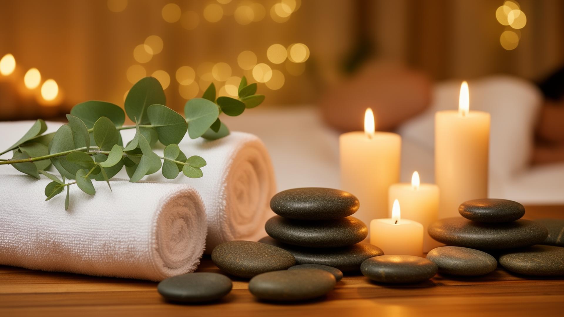 Luxury spa setting with candles and hot stones